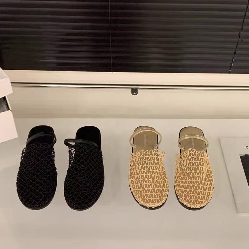 懶人時尚 Korea正韓 時尚 鏤空 透氣 網面 平底 拖鞋 涼鞋 35 銀色