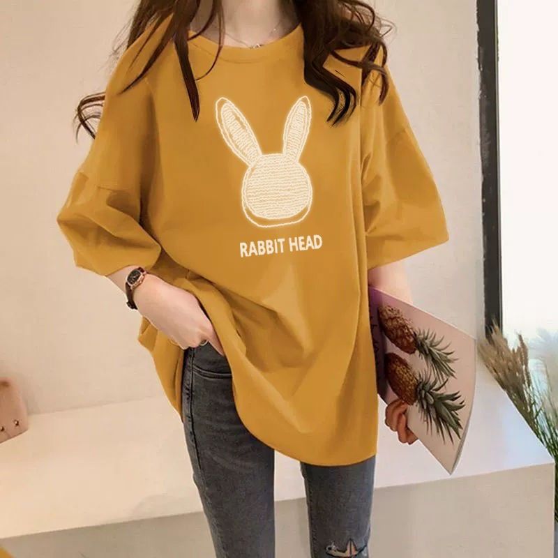 【全7色】寬鬆潮流印花遮肉短袖T恤 M 黑色 字母 卡通 棉 滌棉 時尚 常規 中長款 圓領 套頭 春夏 夏