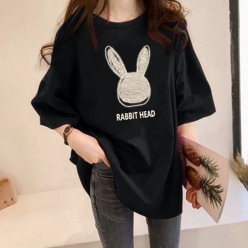 【全7色】寬鬆潮流印花遮肉短袖T恤 4XL 黑色 字母 卡通 棉 滌棉 時尚 常規 中長款 圓領 套頭 春夏 夏