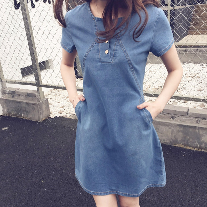 復古 優雅 百搭 簡約 率性 氣質 時尚 寬鬆 大碼 顯瘦 牛仔洋裝 S 淺藍色