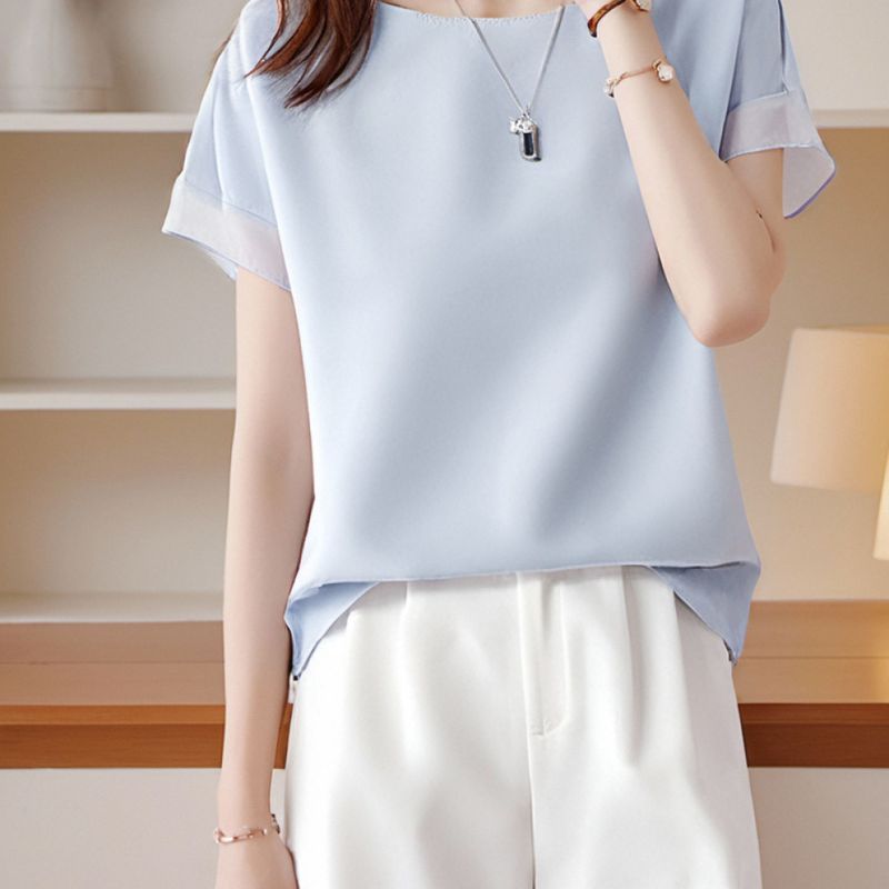 溫柔 優雅 透氣 舒適 雪紡 圓領 短袖 T恤 S 淺藍色 素面 通勤 日常 合身 20-50代 套頭 春夏 夏 無 常規 輕熟 休閑 時尚 經典款 簡約