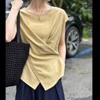 日系 簡約 復古 時髦率性 老錢風 不規則 交叉 斜扣 棉麻 無領 襯衣 S 藏青色