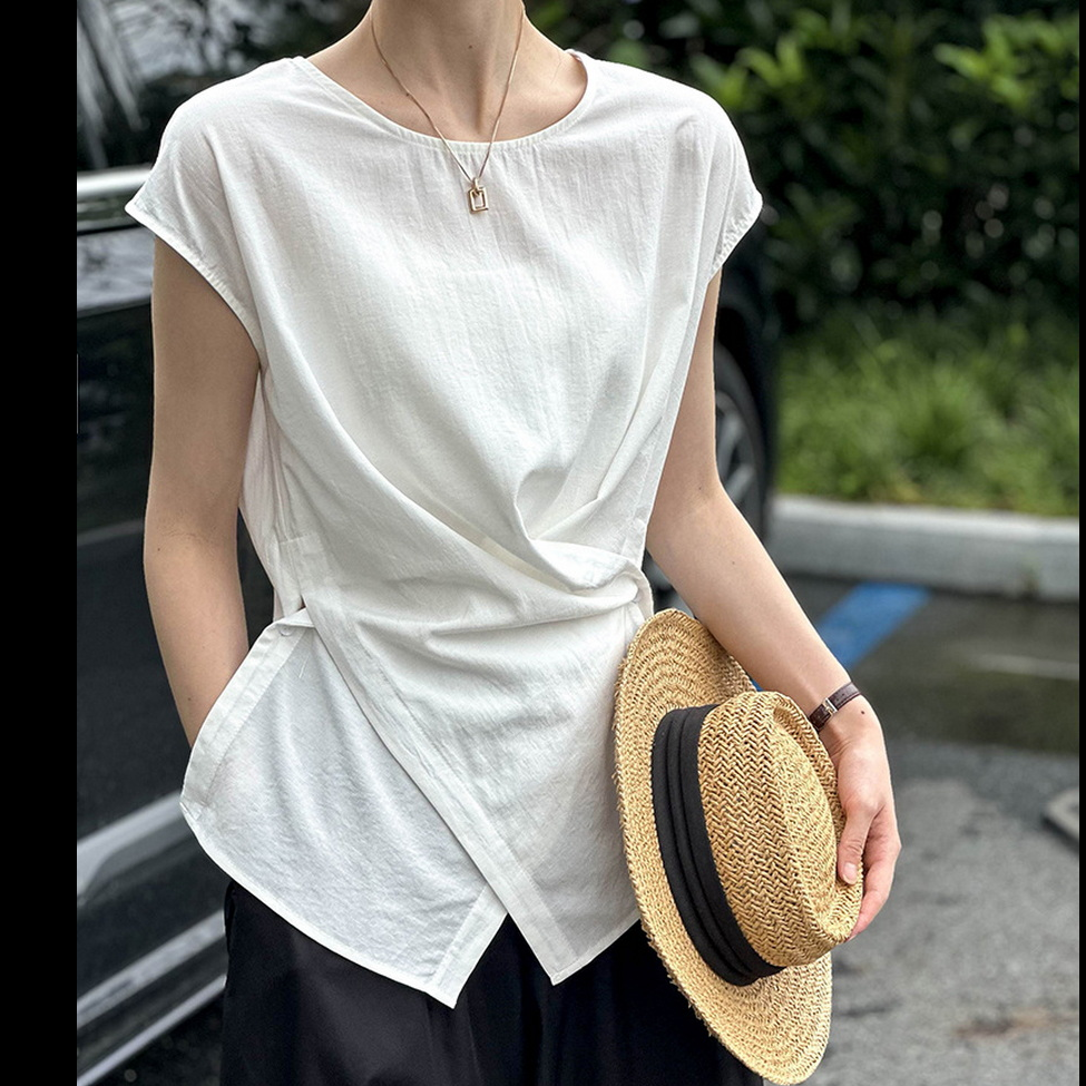 日系 簡約 復古 時髦率性 老錢風 不規則 交叉 斜扣 棉麻 無領 襯衣 S 藏青色