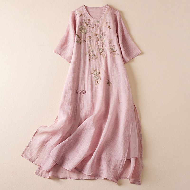 簡約好搭 刺繡 花朵 下擺開叉 棉麻 A字裙 休閒洋裝 2XL 粉紅色 印花 常規 中腰 20-40代 套頭 圓領 夏 長款 復古 休閑 中國風 短袖 Ａ字裙