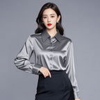 【全14色】高質感名媛風緞面長袖襯衫 3XL 灰色 素面 日常 通勤 辦公室 單排扣 綢緞色丁布緞帶 翻領 春秋 一般 紐扣 常規 優雅 復古 時尚