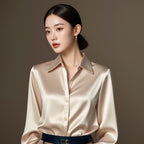【全14色】高質感名媛風緞面長袖襯衫 3XL 香檳色 素面 日常 通勤 辦公室 單排扣 綢緞色丁布緞帶 翻領 春秋 一般 紐扣 常規 優雅 復古 時尚