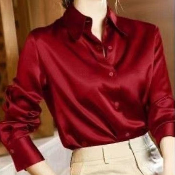 【全14色】高質感名媛風緞面長袖襯衫 3XL 酒紅色 素面 日常 通勤 辦公室 單排扣 綢緞色丁布緞帶 翻領 春秋 一般 紐扣 常規 優雅 復古 時尚