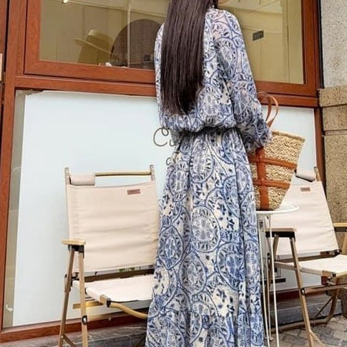 時髦感滿滿度假風碎花顯瘦長袖長洋裝 S 圖片色 高中生 套頭 波西米亞 大碼裝 時尚 休閑 常規 印花 中腰 長款 Ａ字裙 夏 V領 雪紡 40-50代 寬鬆 遮肉 寬鬆感 假日/出外 度假旅行 大學生 10-20代 20-30代