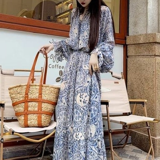 時髦感滿滿度假風碎花顯瘦長袖長洋裝 S 圖片色 高中生 套頭 波西米亞 大碼裝 時尚 休閑 常規 印花 中腰 長款 Ａ字裙 夏 V領 雪紡 40-50代 寬鬆 遮肉 寬鬆感 假日/出外 度假旅行 大學生 10-20代 20-30代
