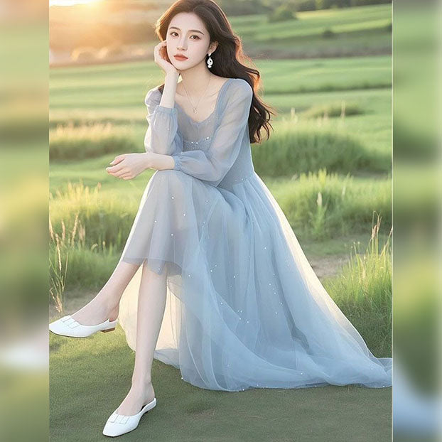 女神范輕奢高級感純色雪紡紗長洋裝 M 淡藍色 素面 長袖 甜美 優雅 浪漫 泡泡袖 亮片 中腰 長款 Ａ字裙 春夏秋 圓領 套頭