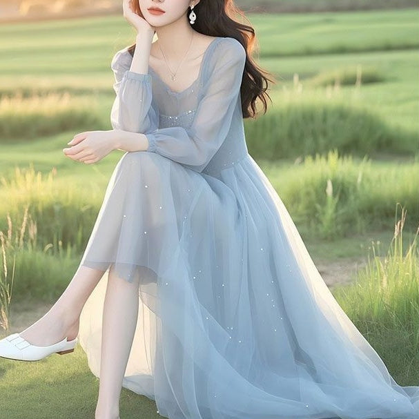 女神范輕奢高級感純色雪紡紗長洋裝 M 淡藍色 素面 長袖 甜美 優雅 浪漫 泡泡袖 亮片 中腰 長款 Ａ字裙 春夏秋 圓領 套頭