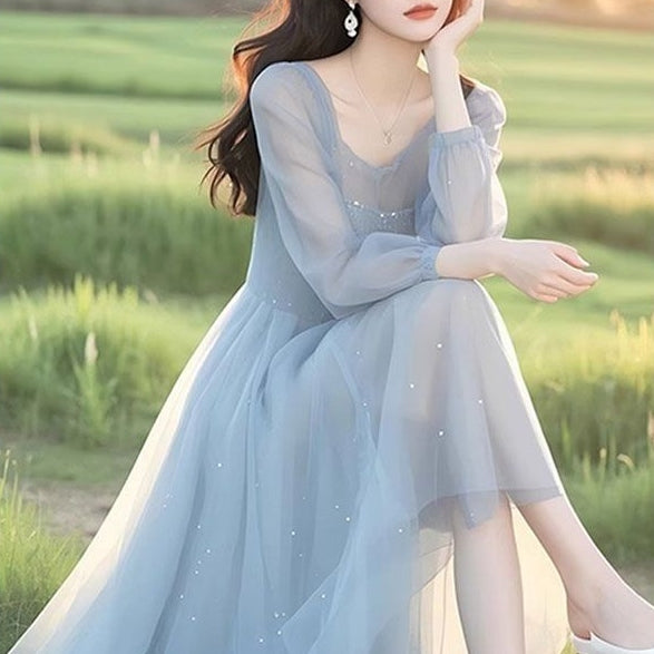 女神范輕奢高級感純色雪紡紗長洋裝 M 淡藍色 素面 長袖 甜美 優雅 浪漫 泡泡袖 亮片 中腰 長款 Ａ字裙 春夏秋 圓領 套頭