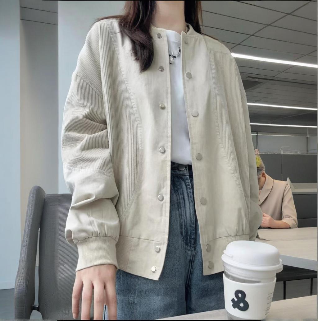 復古 簡約 時尚 百搭 拼接 寬鬆 圓領 休閒夾克 2XL 杏色/雙層有裡布