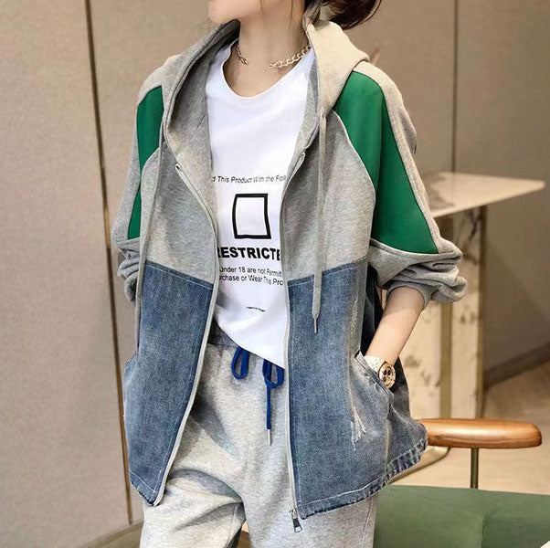 超人氣必收 時尚 撞色 連帽 衛衣 外套 夾克 S 綠色 棉 20代 寬鬆感 高級感 遮肉 寬鬆 封閉式背 50代 40代 30代 20-50代 聚酯纖維 拉鏈 春秋 秋 春 拼接 常規 優雅 休閑 長袖 耐久性
