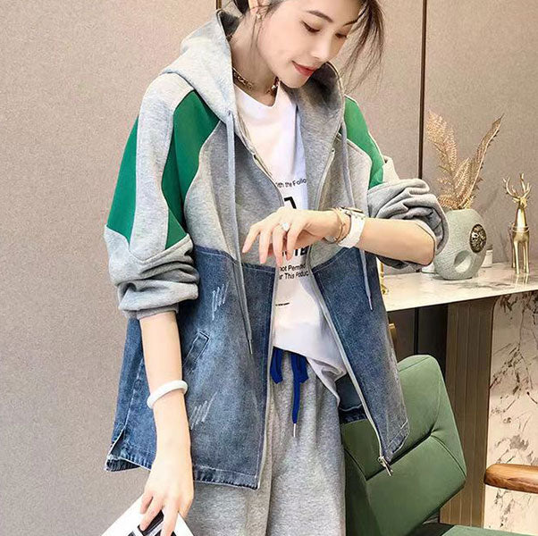 超人氣必收 時尚 撞色 連帽 衛衣 外套 夾克 S 綠色 棉 20代 寬鬆感 高級感 遮肉 寬鬆 封閉式背 50代 40代 30代 20-50代 聚酯纖維 拉鏈 春秋 秋 春 拼接 常規 優雅 休閑 長袖 耐久性