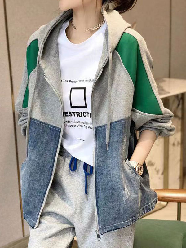 超人氣必收 時尚 撞色 連帽 衛衣 外套 夾克 S 綠色 棉 20代 寬鬆感 高級感 遮肉 寬鬆 封閉式背 50代 40代 30代 20-50代 聚酯纖維 拉鏈 春秋 秋 春 拼接 常規 優雅 休閑 長袖 耐久性