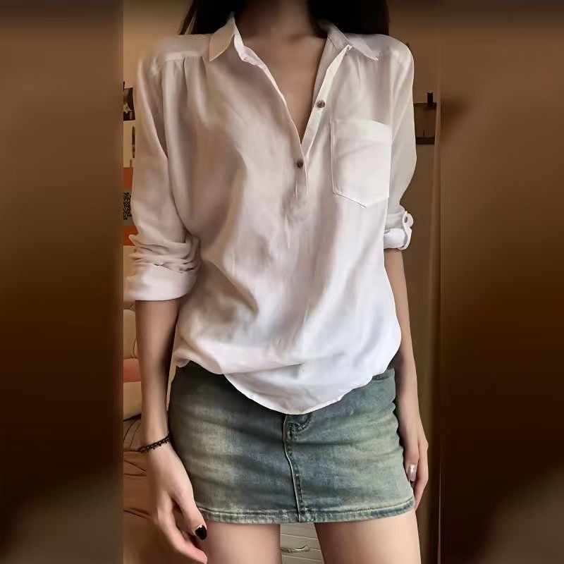 設計感韓版寬鬆復古港味長袖襯衫 XL 白色 素面 V領 通勤 高級感 遮肉 紐扣 翻領 一般 聚酯纖維 有口袋 常規 輕熟 工作 休閑 日常 春秋