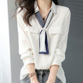 新品來襲 優雅 V領 輕薄 絲巾 撞色 寬鬆 長袖 襯衫 3XL 白色 印花 聚酯纖維 工作 輕熟 常規 綁帶 春 秋 春秋 翻領 套頭 20-40代