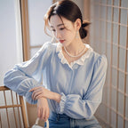 時尚氣質減齡甜美娃娃領泡泡袖長袖襯衫 S 藍色 素面 聚酯纖維 休閑 壓褶 一般 春秋 春 單排扣