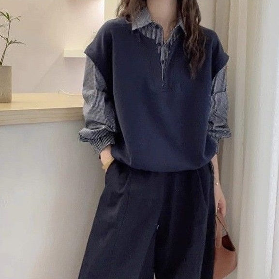 韓版 寬鬆 顯瘦 百搭 休閒 假兩件 復古 格子 襯衫 M 藏青色 格紋 混紡 長袖 休閑 常規 假兩件/疊穿 秋 冬 春秋 秋冬 POLO領 套頭 20-50代 耐久性 柔軟