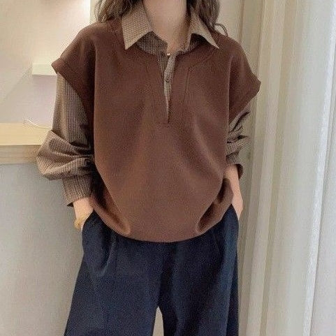 韓版 寬鬆 顯瘦 百搭 休閒 假兩件 復古 格子 襯衫 M 藏青色 格紋 混紡 長袖 休閑 常規 假兩件/疊穿 秋 冬 春秋 秋冬 POLO領 套頭 20-50代 耐久性 柔軟