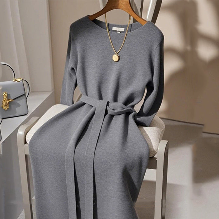 輕奢 高質感 正式場合 氣質 百搭 針織洋裝 S 灰色 素面 聚酯纖維 長袖 優雅 常規 腰帶 中長款 春秋 秋冬 圓領 套頭 30-40代 無 Ａ字裙