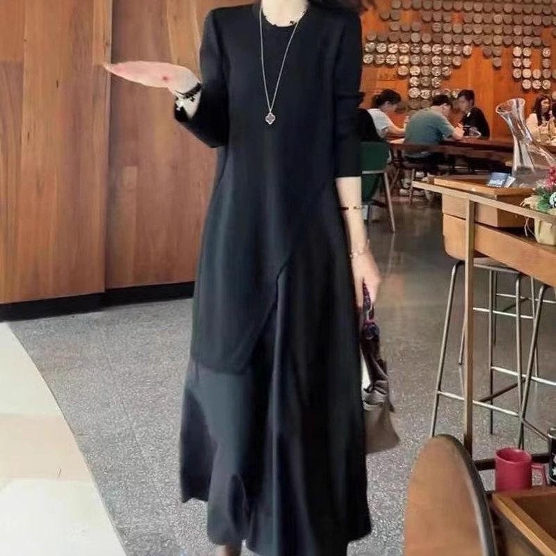 氣質優雅 假兩件 不規則 氣質 顯瘦 長洋裝 S 黑色（假兩件） 素面 中長款 時尚 休閑 韓版 常規 拼接 假兩件/疊穿 聚酯纖維 圓領 秋冬 套頭 20-30代 30-40代 A字型 百搭 中腰 不規則型 Ａ字裙 長袖