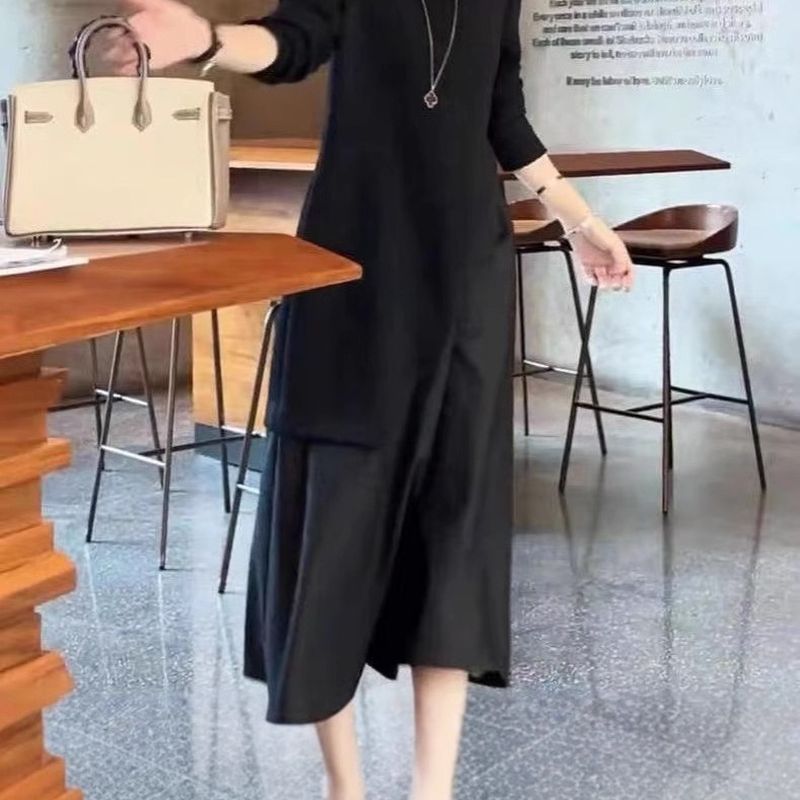 氣質優雅 假兩件 不規則 氣質 顯瘦 長洋裝 S 黑色（假兩件） 素面 中長款 時尚 休閑 韓版 常規 拼接 假兩件/疊穿 聚酯纖維 圓領 秋冬 套頭 20-30代 30-40代 A字型 百搭 中腰 不規則型 Ａ字裙 長袖