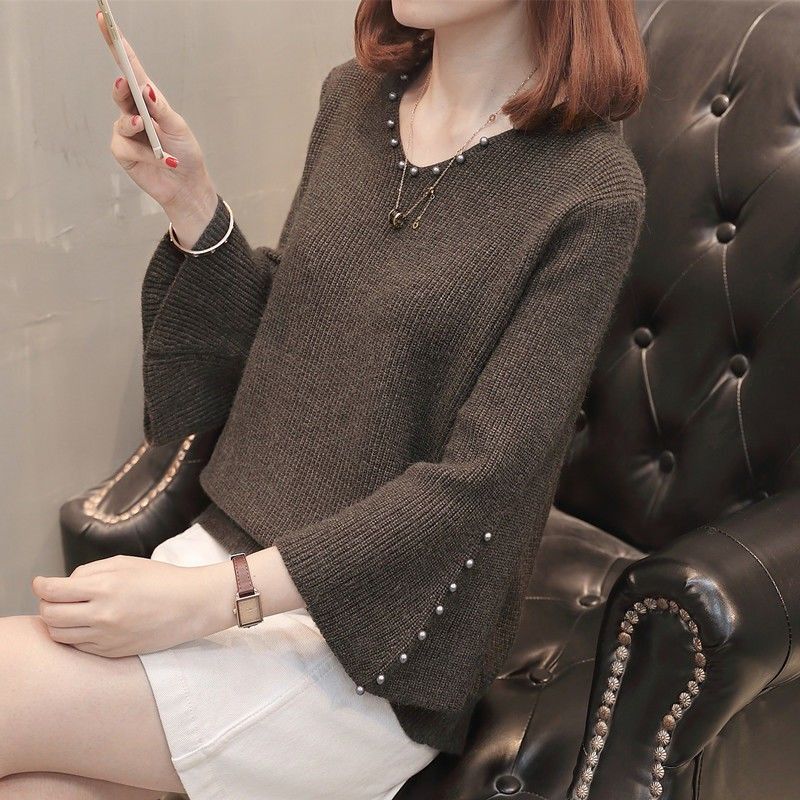 【全6色】韓系 簡約 釘珠 優雅 v領 針織 S 杏色 素面 珠子 40代 30代 20代 20-40代 套頭 V領 春秋 秋 春 喇叭袖 輕熟 休閑 九分袖 遮肉