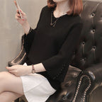 【全6色】韓系 簡約 釘珠 優雅 v領 針織 2XL 黑色 素面 珠子 40代 30代 20代 20-40代 套頭 V領 春秋 秋 春 喇叭袖 輕熟 休閑 九分袖 遮肉