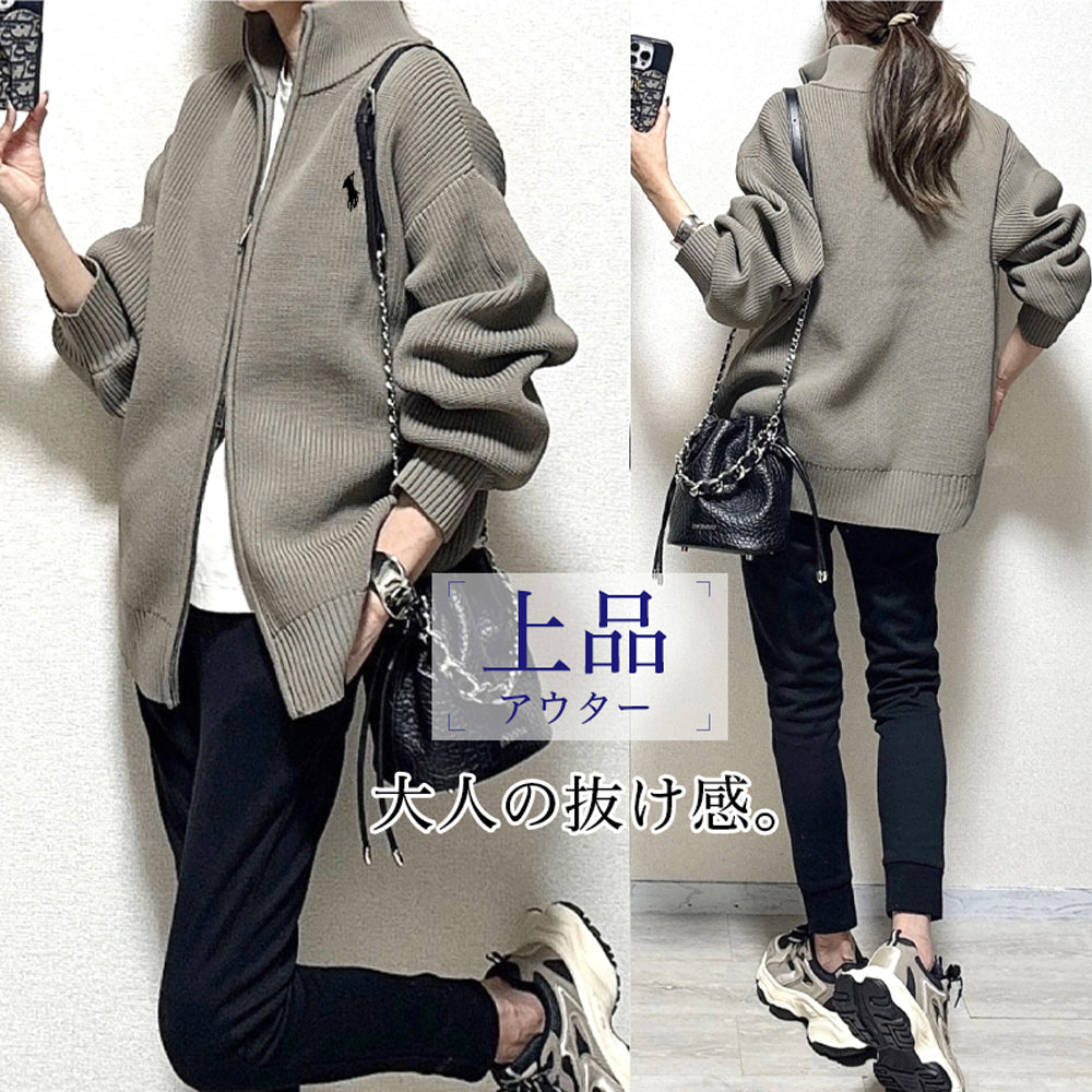 舒服軟糯好感 高領門襟 雙開頭 拉鍊 毛織 外套 S 圖片色logo款 素面 長袖 簡約 休閑 自然 常規 春 秋 冬 顯瘦 遮肉 轉換心情