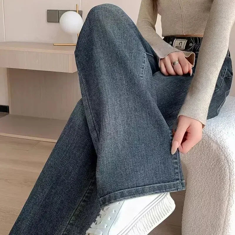 時尚 氣質 百搭 寬鬆 顯瘦 鬆緊腰 高腰 窄版 牛仔褲 S 復古藍 素面 牛仔布 休閑 韓版 無 春秋 30-40代 長褲