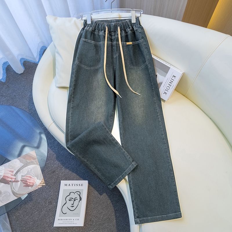 時尚 氣質 百搭 寬鬆 顯瘦 鬆緊腰 高腰 窄版 牛仔褲 3XL 水泥藍 素面 牛仔布 休閑 韓版 無 春秋 30-40代 長褲