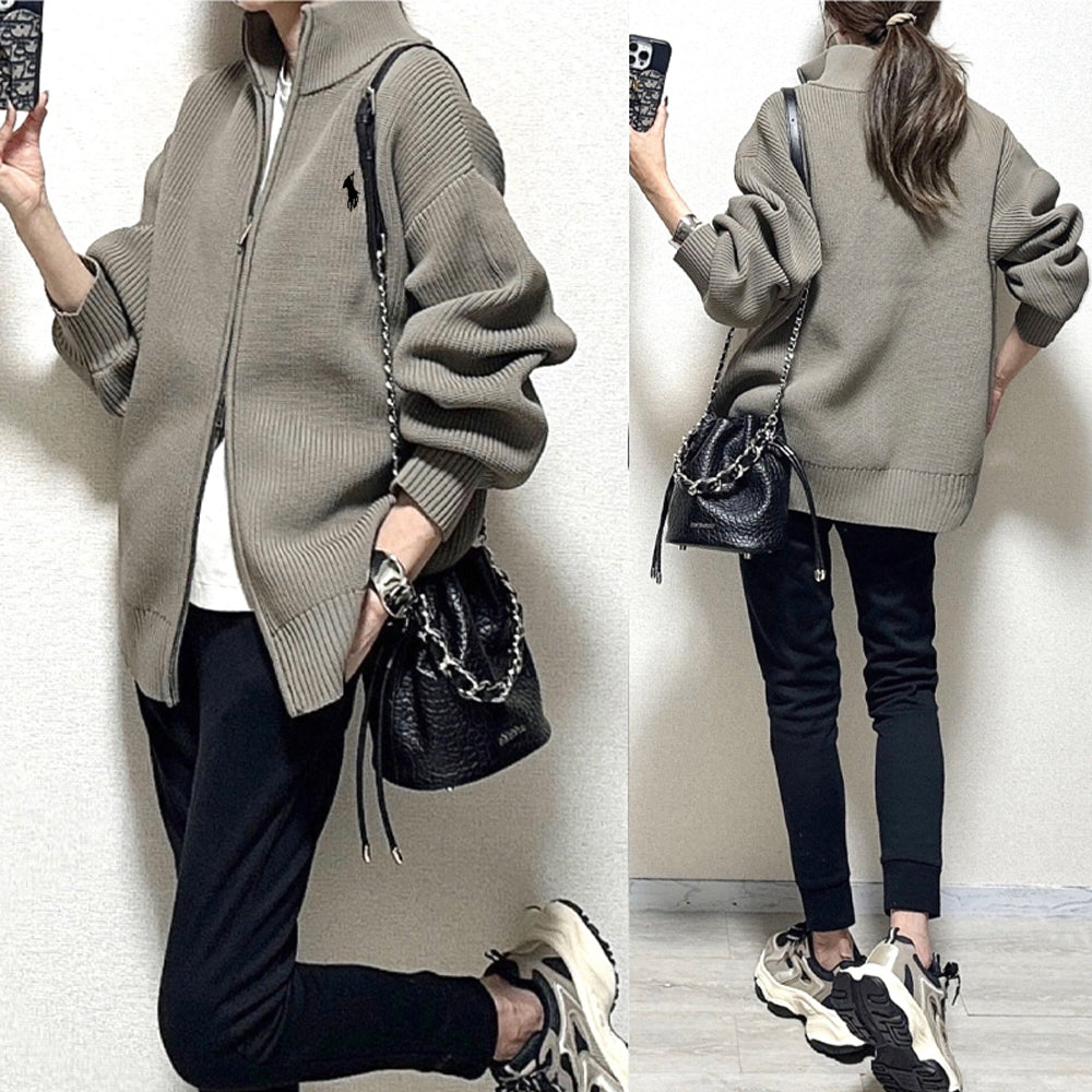 舒服軟糯好感 高領門襟 雙開頭 拉鍊 毛織 外套 L 圖片色logo款 素面 長袖 簡約 休閑 自然 常規 春 秋 冬 顯瘦 遮肉 轉換心情