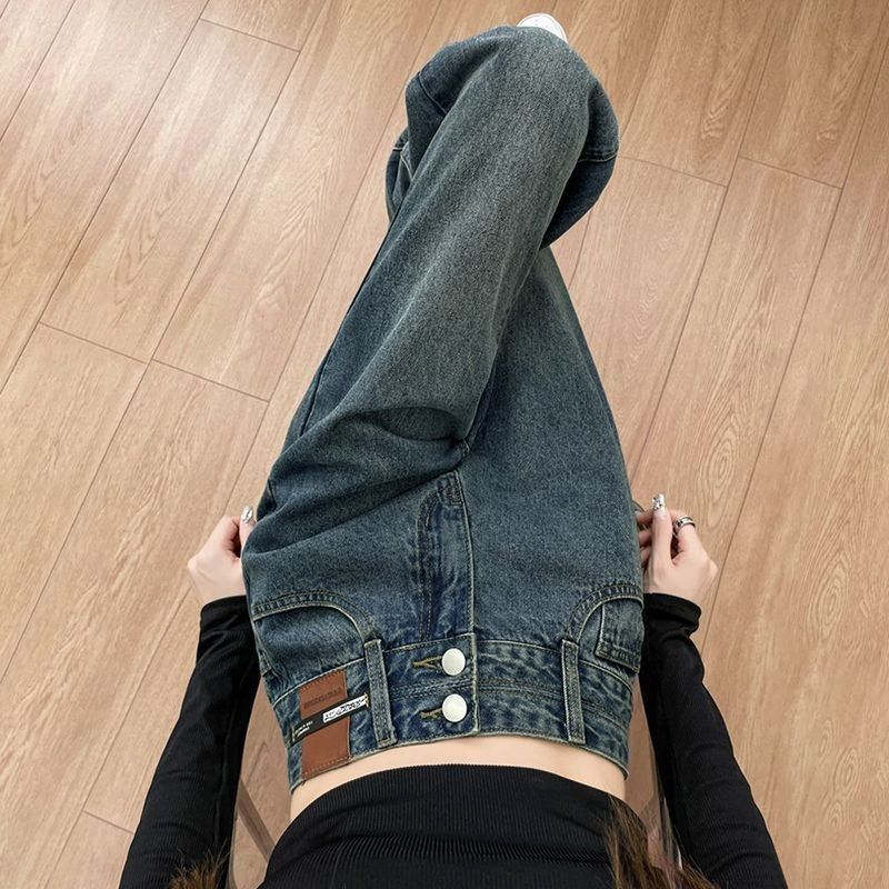 百搭時髦 復古 經典 雙扣 直筒 寬鬆 高腰 顯瘦 牛仔褲 S 藍色
