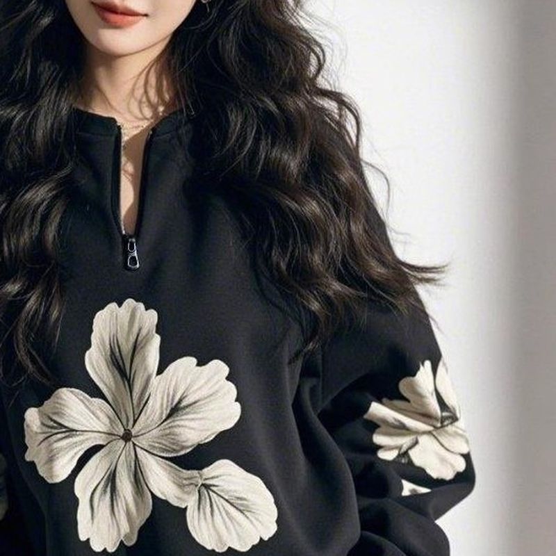 【本周限定好康】潮流半拉鏈花朵長袖衛衣 S 黑色 印花 棉 針織 時尚 街頭風 常規 拉鍊 無 一般 春 半高領