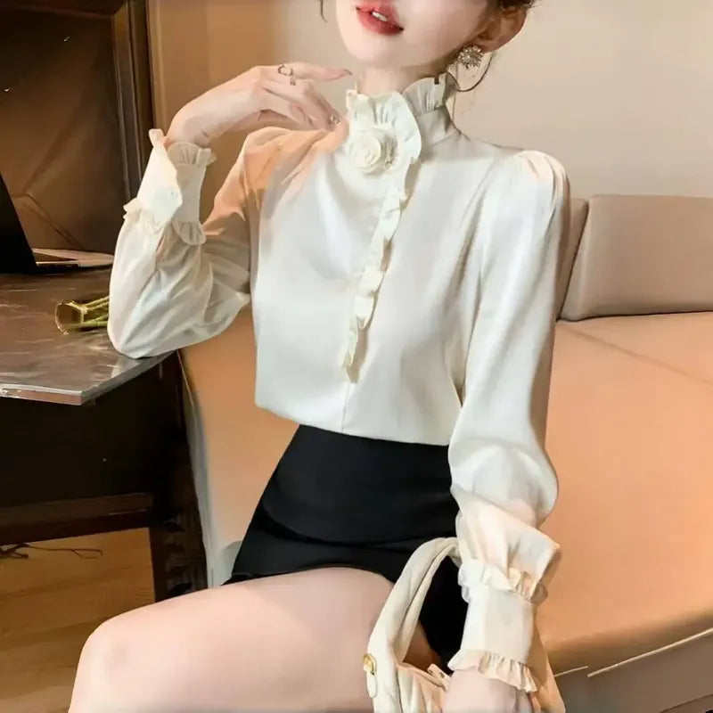 輕熟 法式 優雅 氣質 高級感 木耳邊 立領 花朵 襯衫 3XL 圖片色