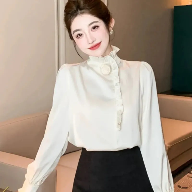 輕熟 法式 優雅 氣質 高級感 木耳邊 立領 花朵 襯衫 S 圖片色