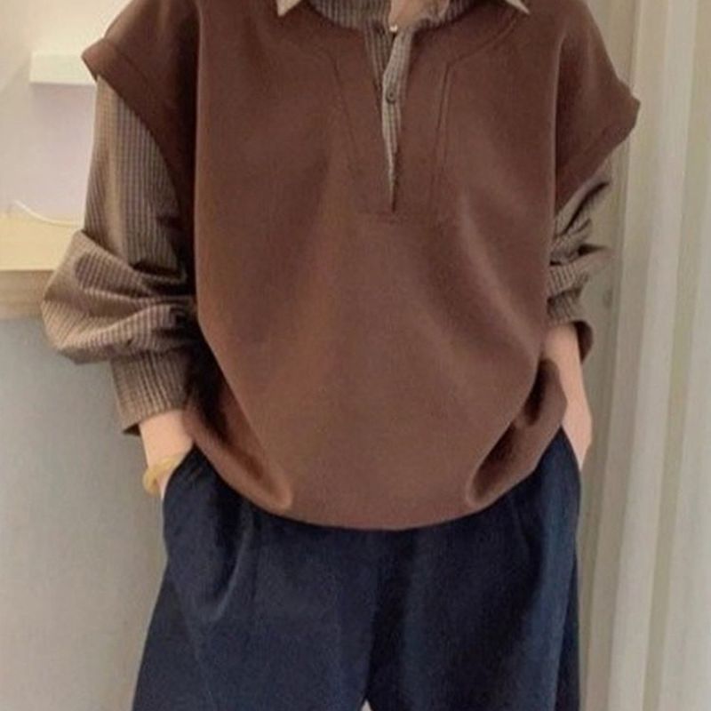 韓版 復古 格子 拼接設計 寬鬆 顯瘦 假兩件 長袖 衛衣 S 咖啡色 格紋 混紡 休閑 常規 落肩袖 假兩件/疊穿 秋冬 翻領 套頭 20-30代