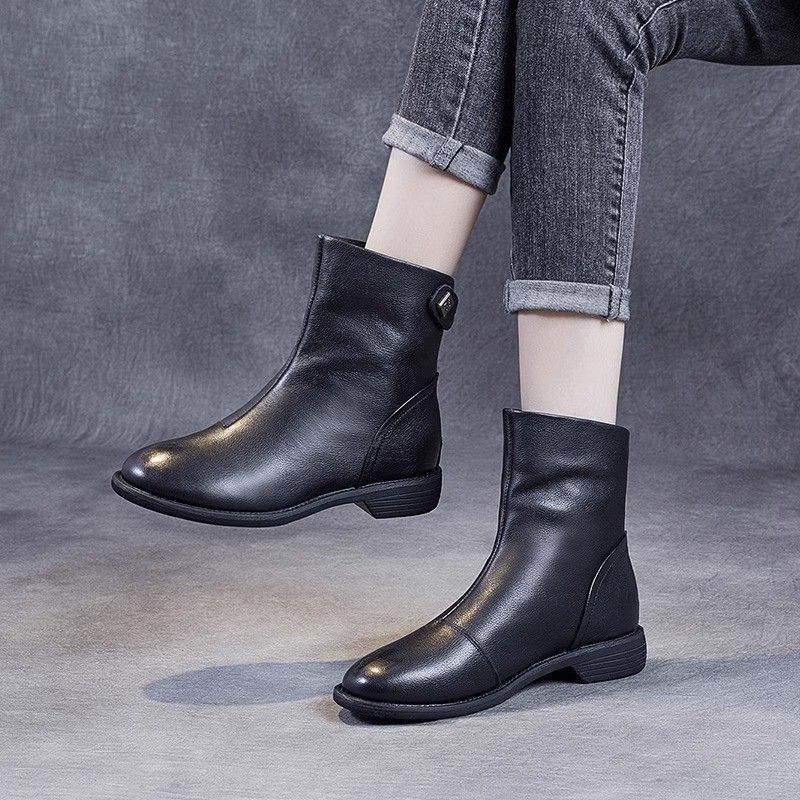 英倫風 懶人時尚 百搭 平底 馬丁靴 短靴 35 黑色 單層 秋冬 牛皮 平跟 保暖 圓頭鞋 拉鍊 橡膠 短筒