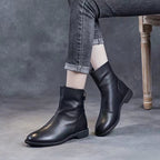 英倫風 懶人時尚 百搭 平底 馬丁靴 短靴 35 黑色 單層 秋冬 牛皮 平跟 保暖 圓頭鞋 拉鍊 橡膠 短筒