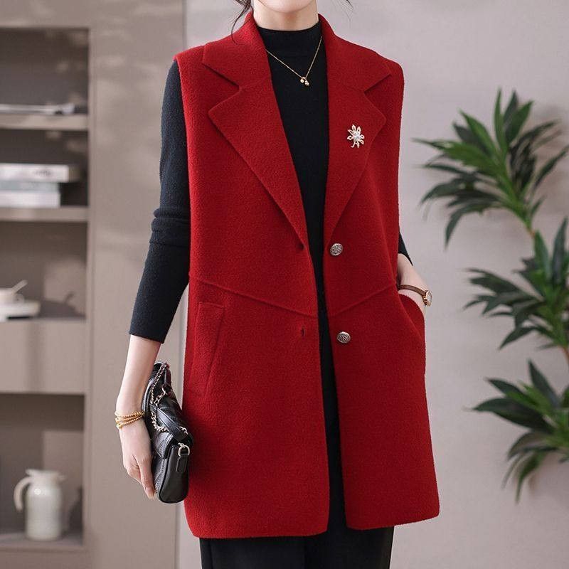 優雅 高質感 大尺碼限定 翻領 紐扣 無袖 針織馬甲 3XL 紅色 素面 辦公室 日常 通勤 寬鬆感 顯瘦 直筒 30-40代 春秋 中長款 有口袋 休閑 時尚 百搭