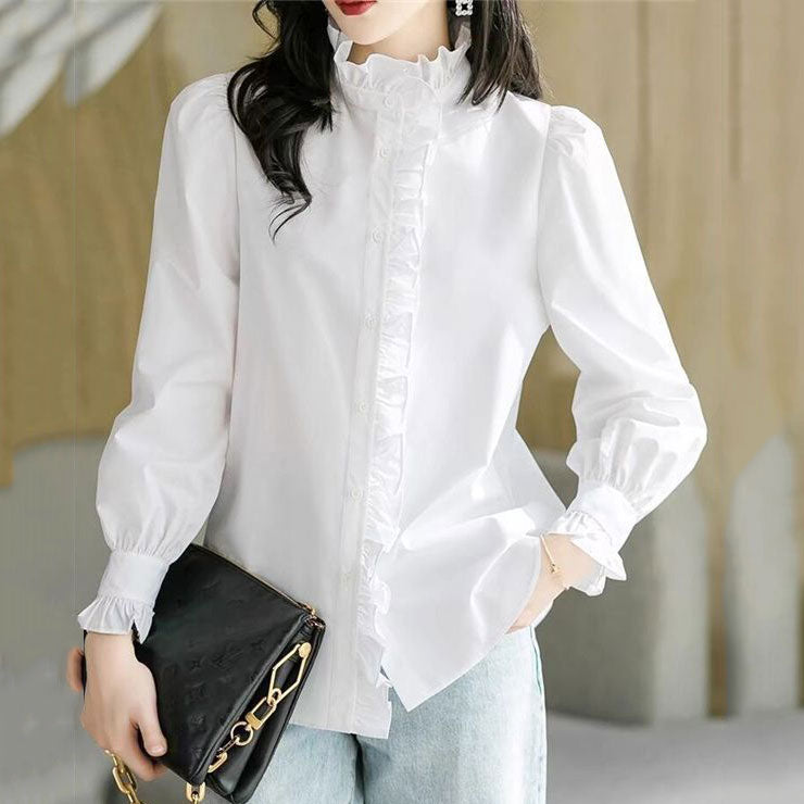 ❤熱銷推薦！韓版 洋氣 花邊領 荷葉邊 長袖 襯衫 M 白色 素面 直筒 時尚 輕熟 優雅 燈籠袖 壓褶 春 秋 春秋 立領 單排扣 聚酯纖維 20-40代 自然骨架 封閉式背 轉換心情 合身 假日/出外 居家 通勤 孩子入學式 同學會