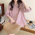 韓版 通勤 小個子 甜美 蕾絲 圓點 娃娃領 襯衫 2XL 粉色 春 春秋 秋 夏 遮肉 寬鬆 20-40代 單排扣 聚酯纖維 紐扣 常規 森系 簡約 七分袖 寬鬆感