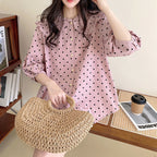 韓版 通勤 小個子 甜美 蕾絲 圓點 娃娃領 襯衫 2XL 粉色 春 春秋 秋 夏 遮肉 寬鬆 20-40代 單排扣 聚酯纖維 紐扣 常規 森系 簡約 七分袖 寬鬆感