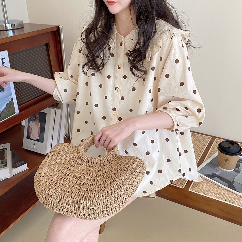 韓版 通勤 小個子 甜美 蕾絲 圓點 娃娃領 襯衫 2XL 米色 春 春秋 秋 夏 遮肉 寬鬆 20-40代 單排扣 聚酯纖維 紐扣 常規 森系 簡約 七分袖 寬鬆感