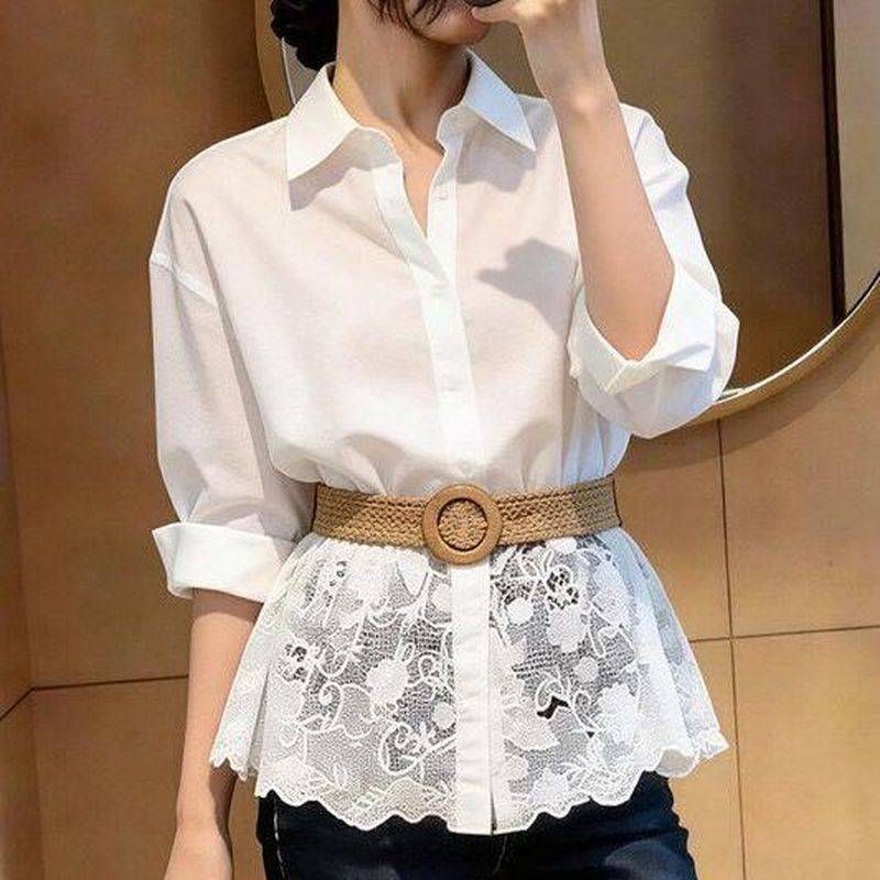 優雅 氣質 polo領 蕾絲 拼接 長袖 收腰 襯衫 3XL 白色上衣 (附贈腰帶) 素面 夏 通勤 顯瘦 修身 20-40代 紐扣 POLO領 春秋 春夏 春 棉 短款 腰帶 常規 輕熟 工作 時尚 九分袖 聚酯纖維 高透氣