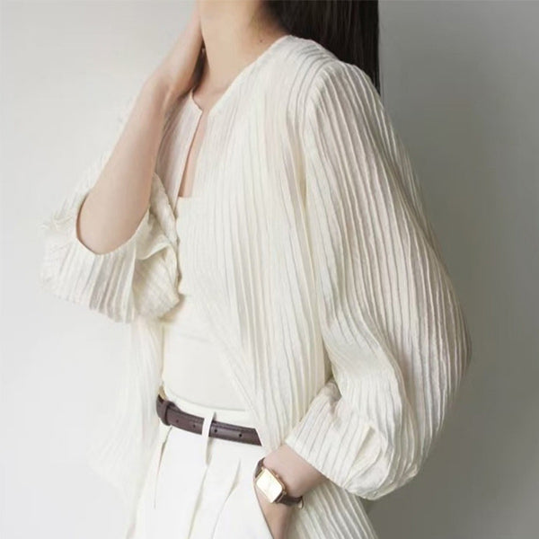 韓系chic 百搭 壓皺 立體 豎紋 七分袖 襯衫 2XL 白色 素面 春夏 休閑 優雅 常規 聚酯纖維 春 夏 春秋 壓褶 圓領 開衫 20-50代 高透氣 耐久性 柔軟 拼接 時尚