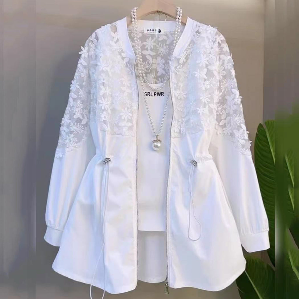 森系 復古 設計感 立體 花朵 蕾絲 拼接 長袖 外套 M 白色 素面 印花 聚酯纖維 時尚 休閑 可愛 常規 拉鍊 紐扣 春夏秋 圓領 拉鏈 20-50代