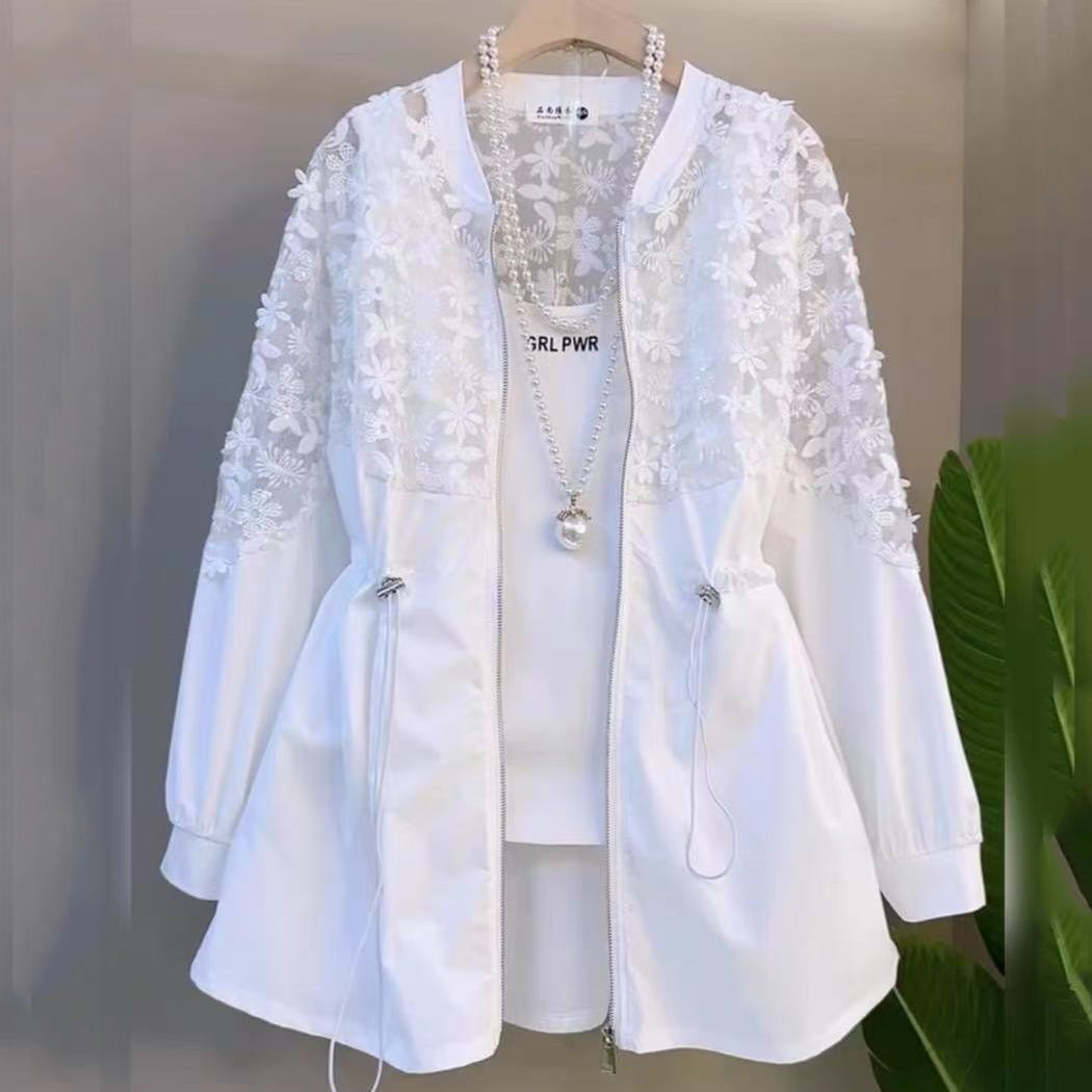 森系 復古 設計感 立體 花朵 蕾絲 拼接 長袖 外套 M 白色 素面 印花 聚酯纖維 時尚 休閑 可愛 常規 拉鍊 紐扣 春夏秋 圓領 拉鏈 20-50代